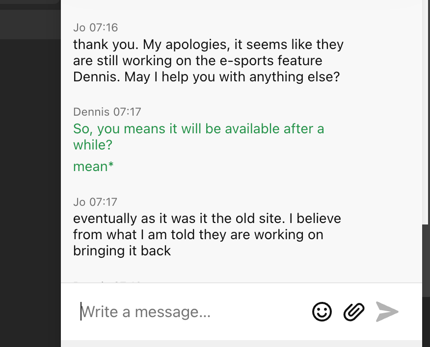 Customer support confirming that esports is currently not available on Bet99 
