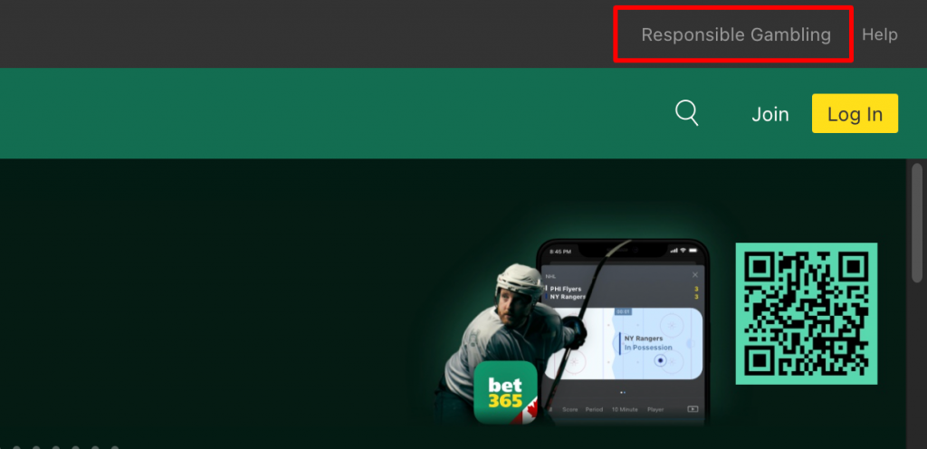 bet365 RG page in top bar