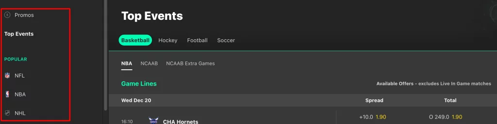 The bet365 side menu makes important parts of the site easily accessible