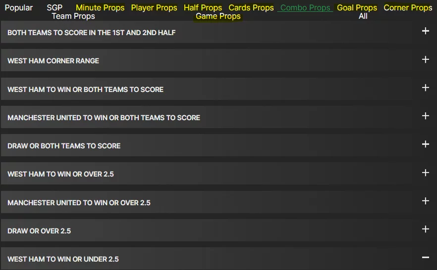 Variety of prop bets for EPL at Bet99
