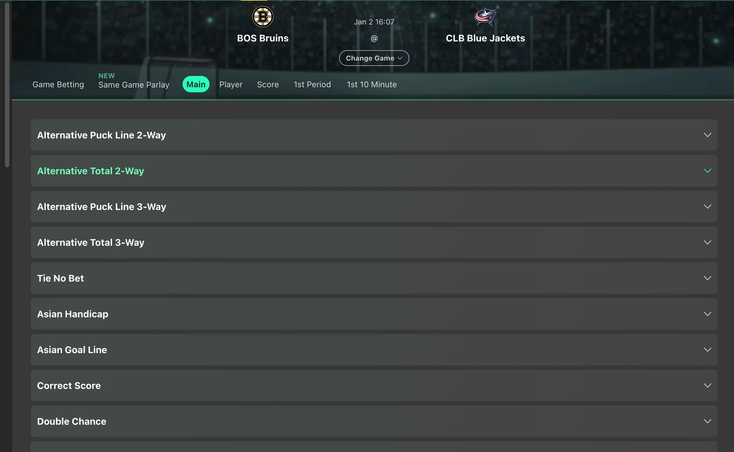 bet365 NHL markets for BOS Bruins vs CLB Blue Jackets