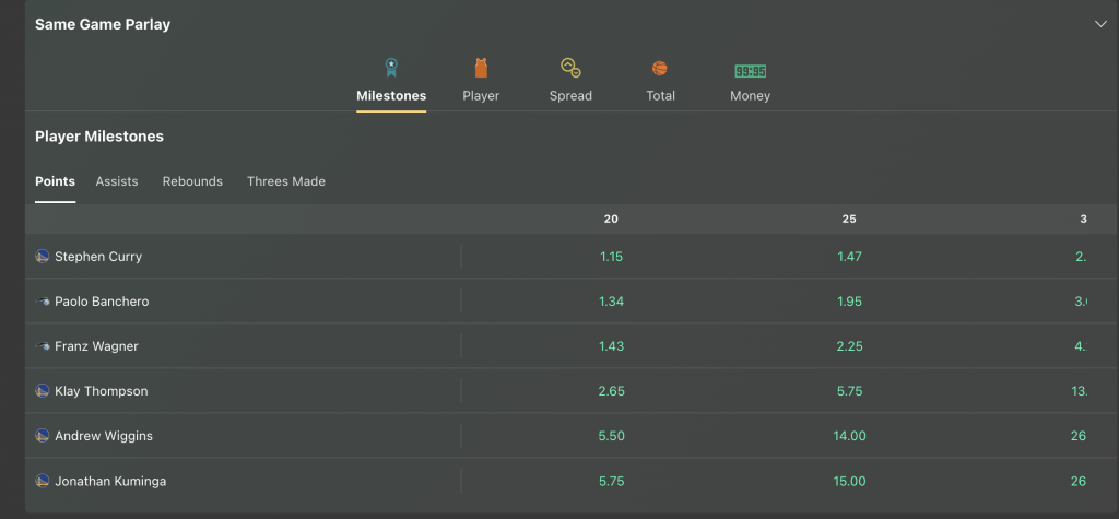 Player milestone bets at bet365