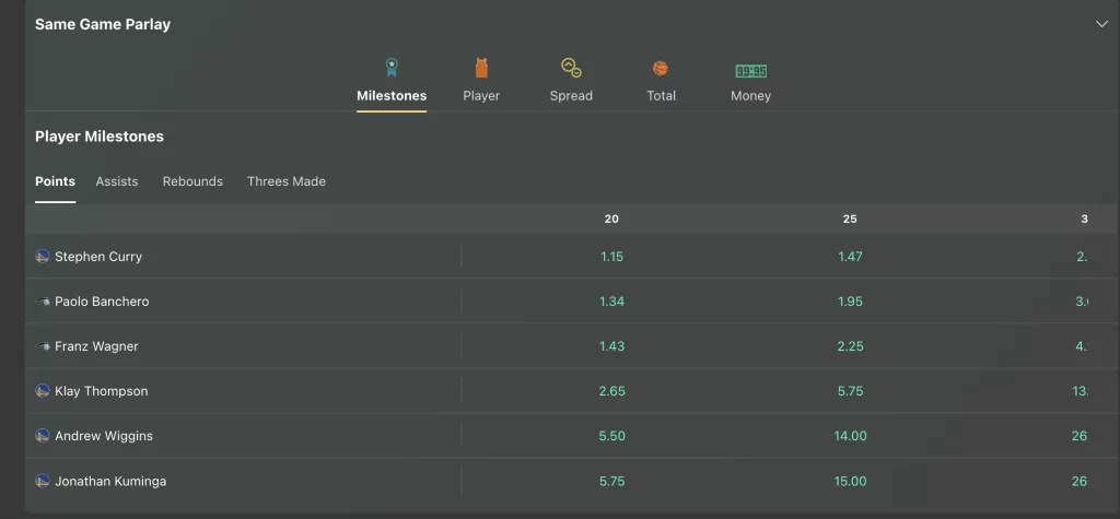 Player milestone bets at bet365