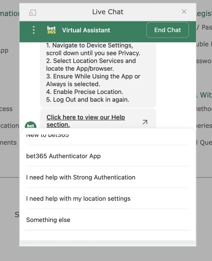 bet365 support chat providing stepwise guide for location settings.