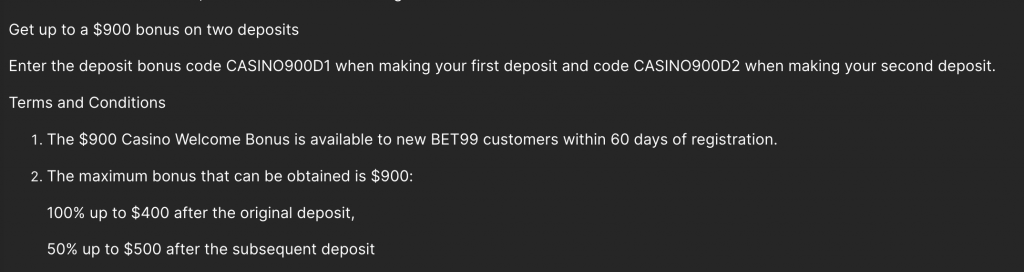 bet99 casino bonus terms