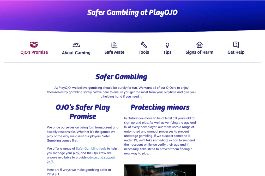 Responsible Gambling Page on PlayOJO