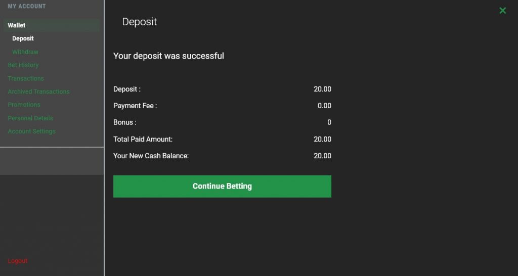 Bet99 confirming my deposit made via Instant Bank Transfer