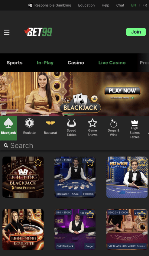 Bet99 live casino on mobile