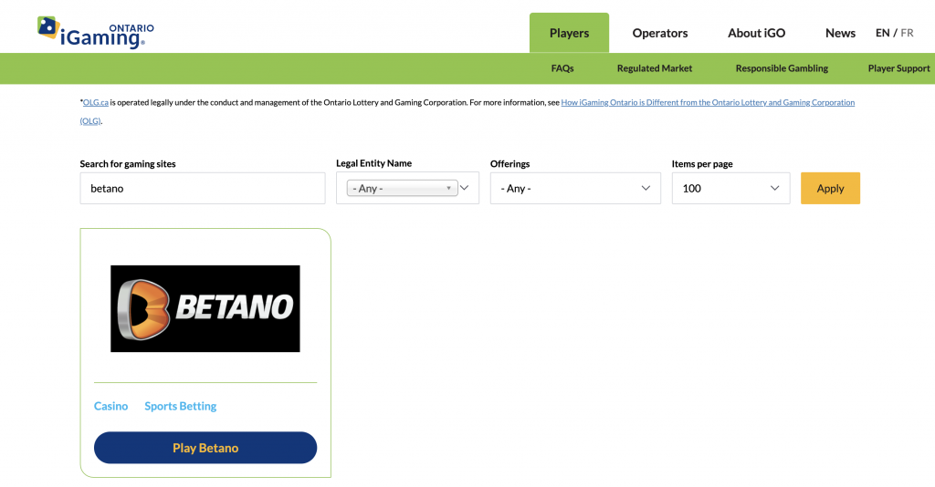 Proof of Betano's iGaming License on the official iGO site.