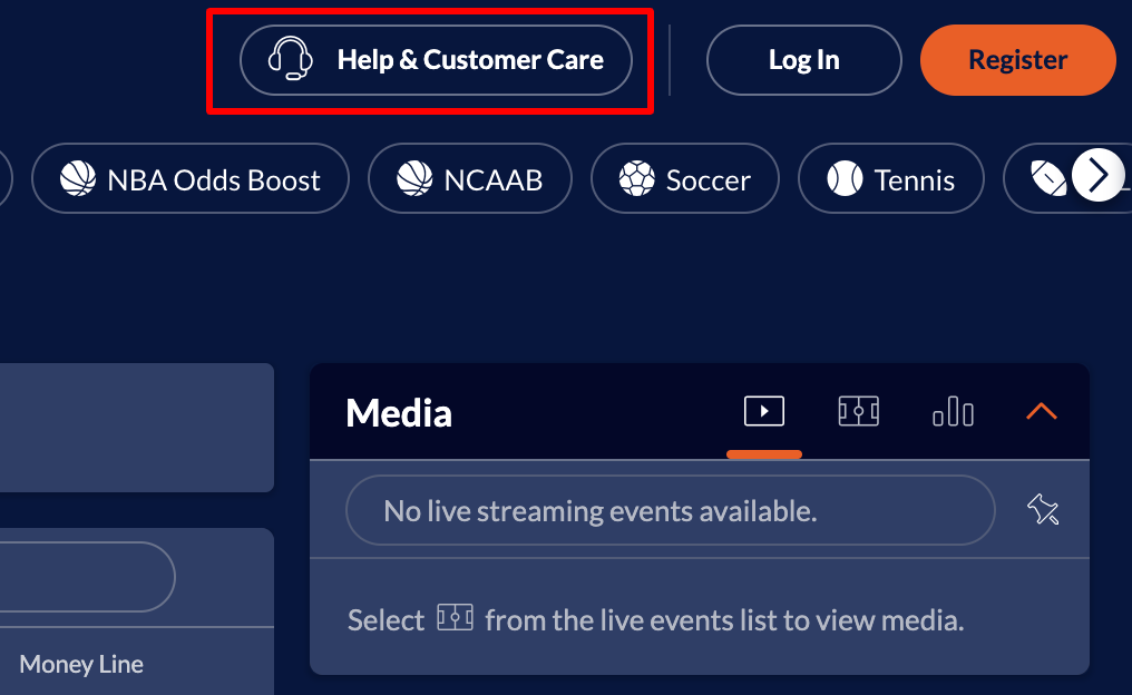 Sports Interaction has Help and Support in the top menu for quick access.