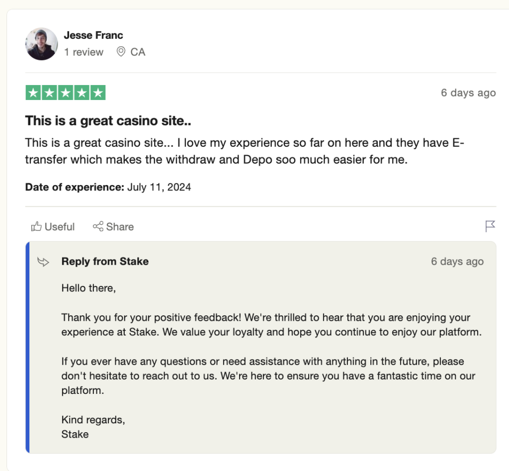 Stake user review on Trustpilot highlighting easy deposits and withdrawals.