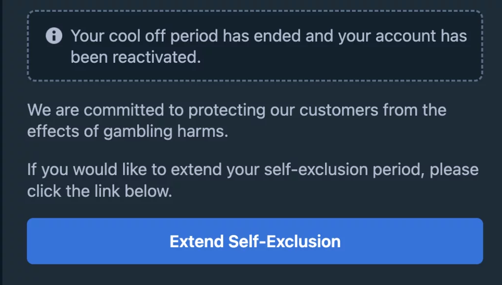 Email asking us to set self-exclusion time after a 24-hour cool-off period.