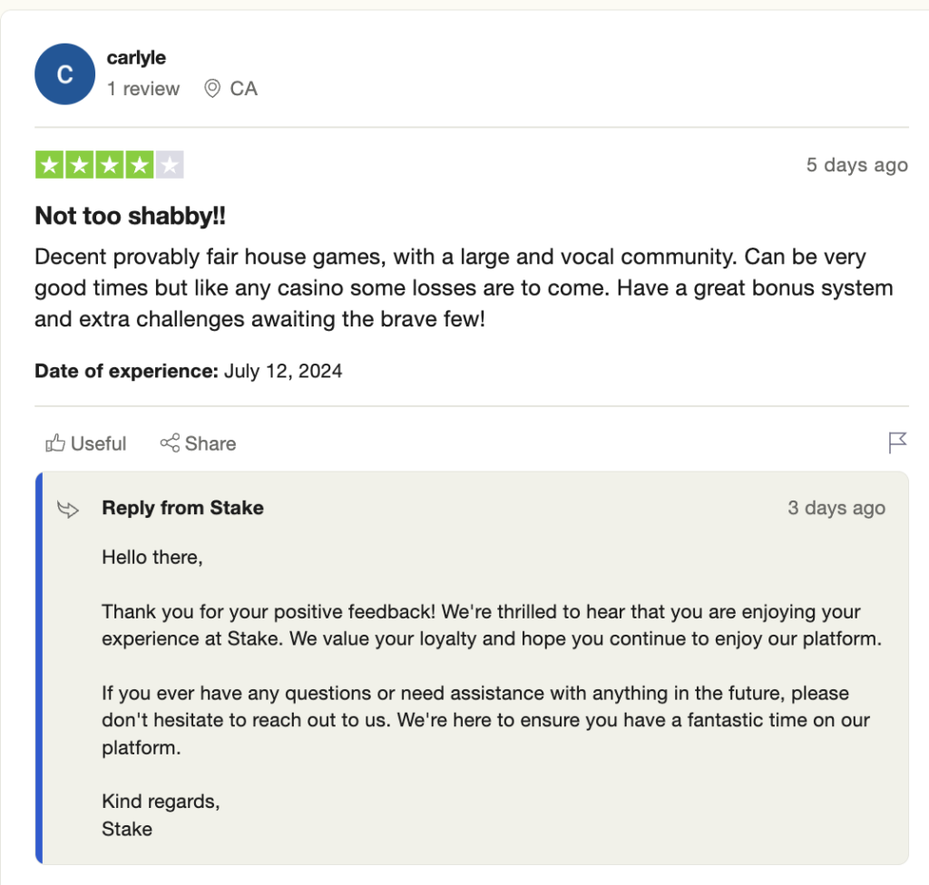 Stake user review on Trustpilot highlighting their community and bonuses.