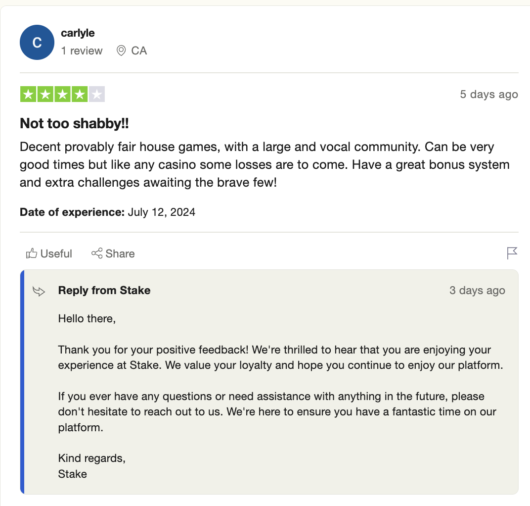 Stake user review on Trustpilot highlighting their community and bonuses.